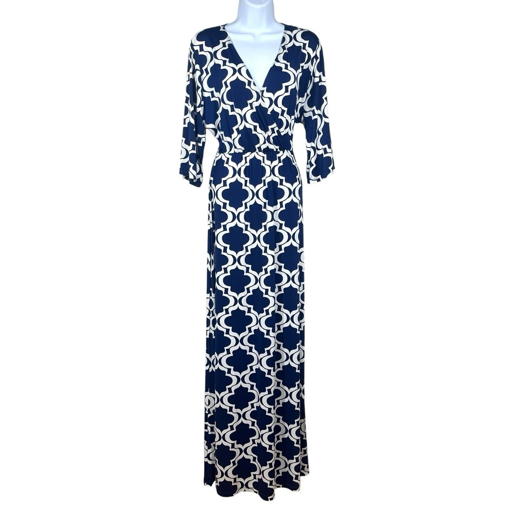 NEW Nikki by Nikki Poulos Suki Maxi Dress Size XS Blue Trellis Pattern V-Neck